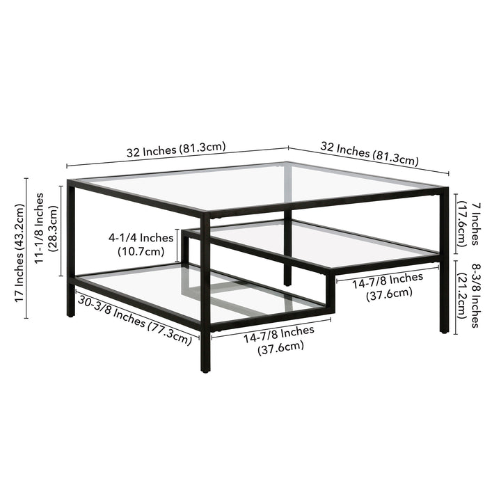 32" Black Glass And Steel Square Coffee Table With Two Shelves