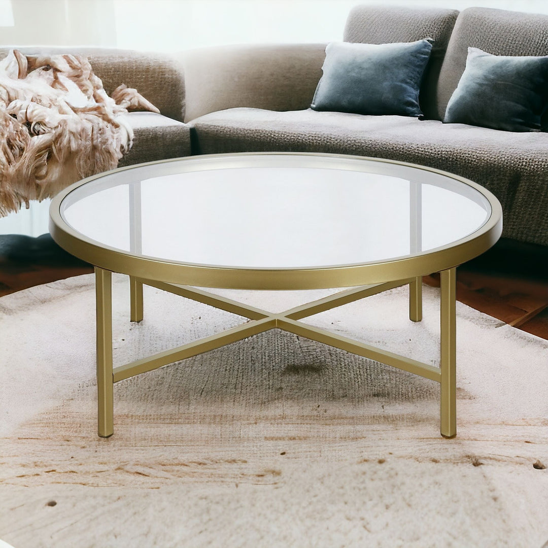 36" Gold Glass And Steel Round Coffee Table