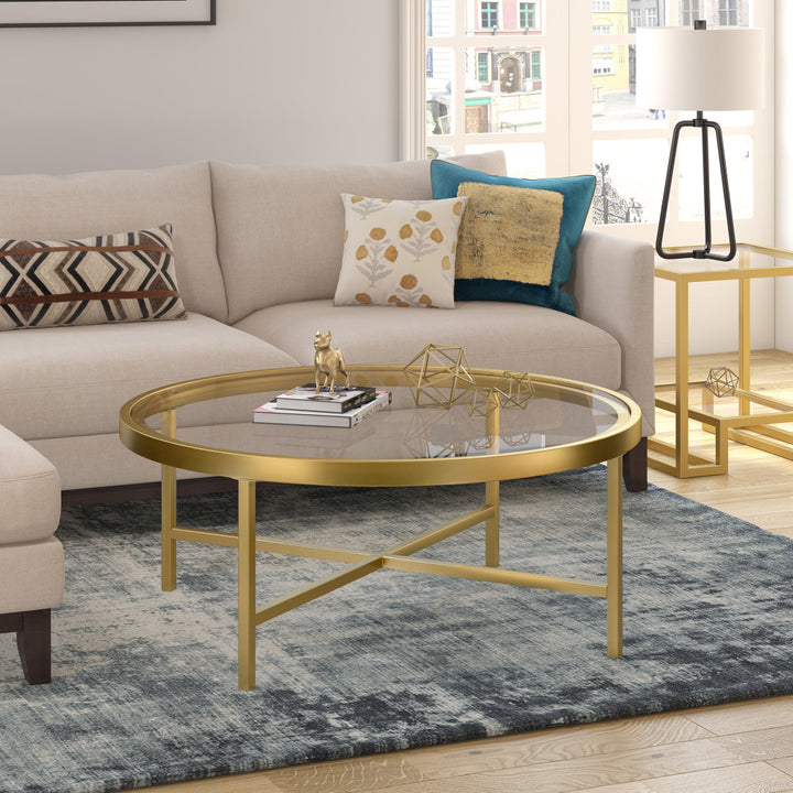 36" Gold Glass And Steel Round Coffee Table