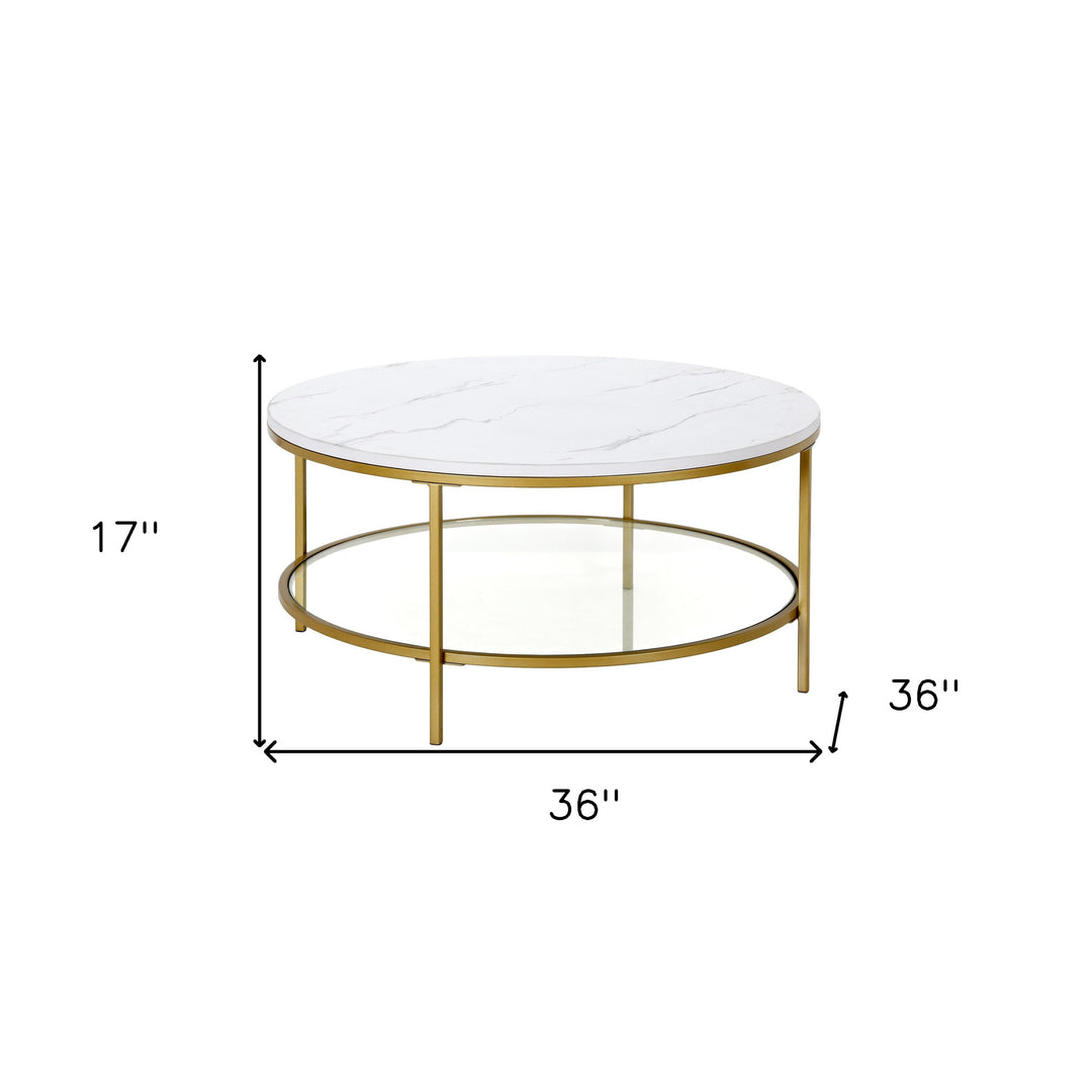 36" Gold Faux Marble And Steel Round Coffee Table With Shelf