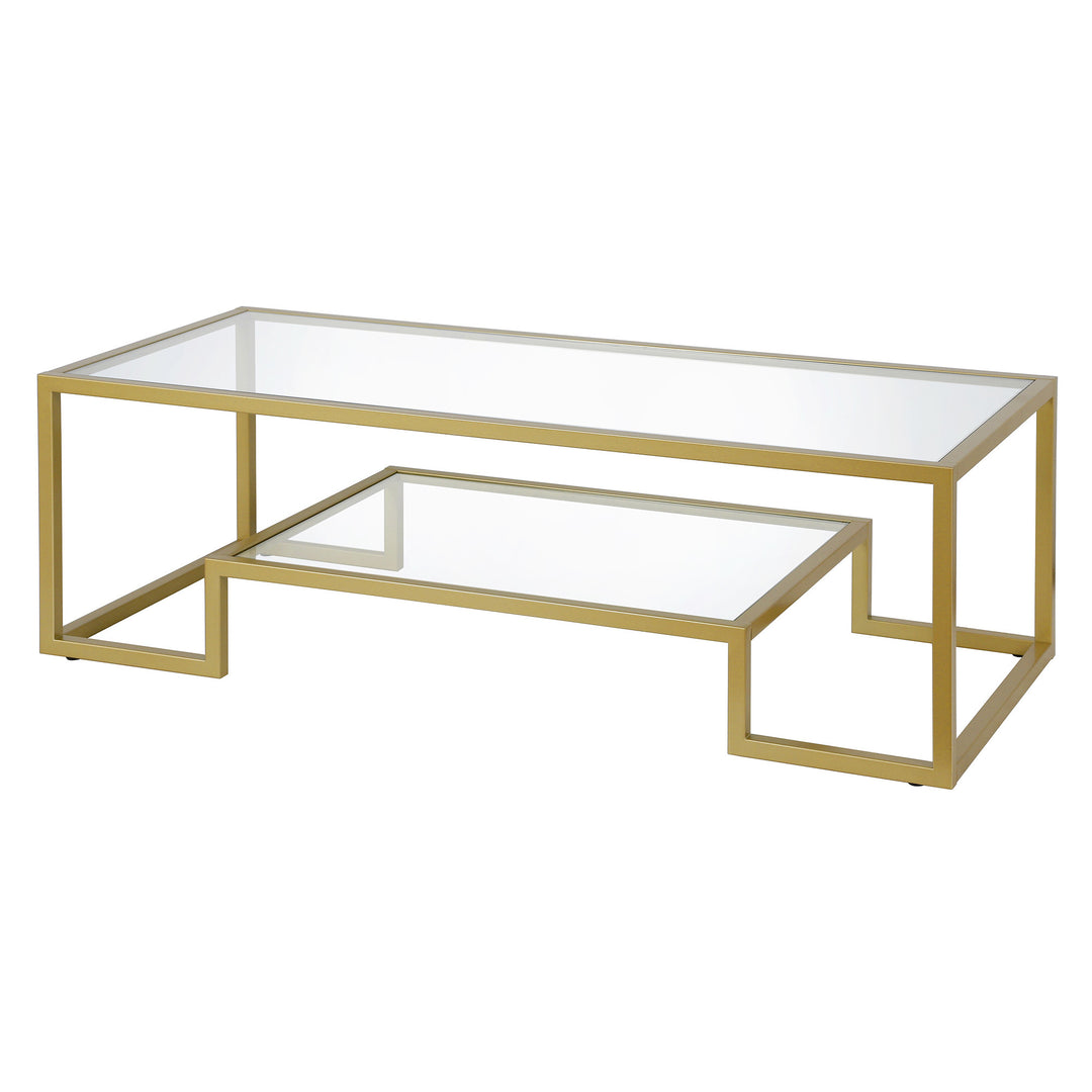 54" Clear And Gold Glass And Steel Coffee Table With Shelf