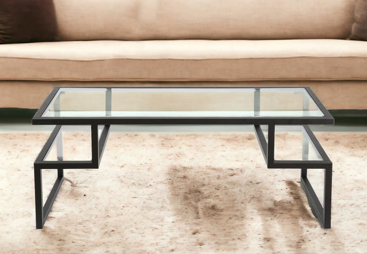 45" Black Glass And Steel Coffee Table With Two Shelves