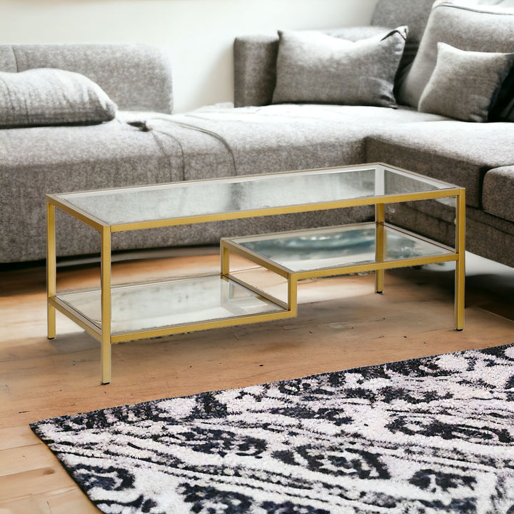 45" Gold Glass And Steel Coffee Table With Two Shelves