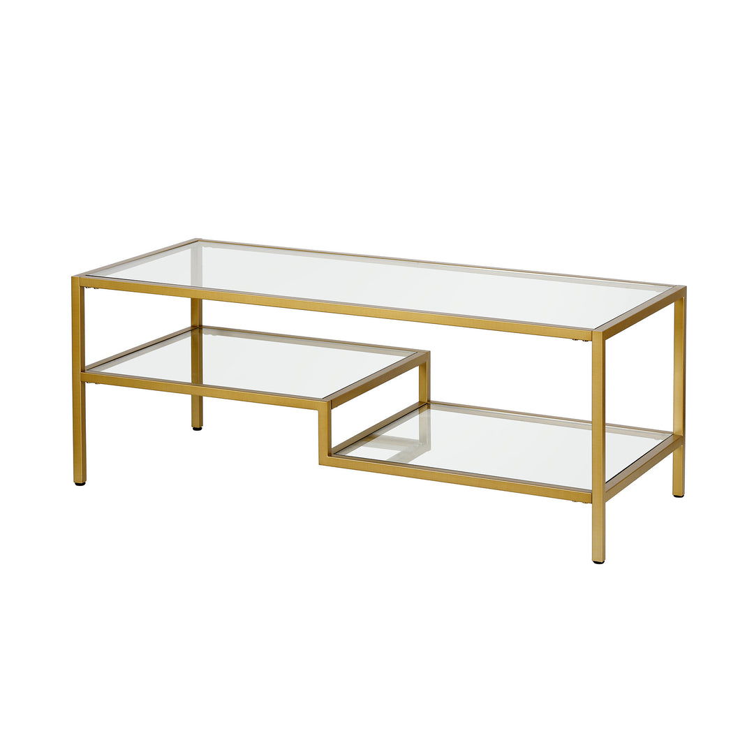 45" Gold Glass And Steel Coffee Table With Two Shelves