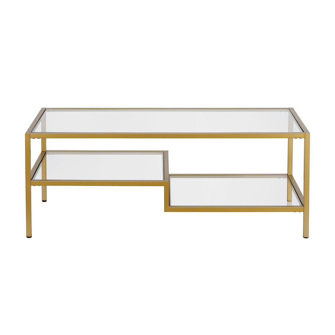 45" Gold Glass And Steel Coffee Table With Two Shelves