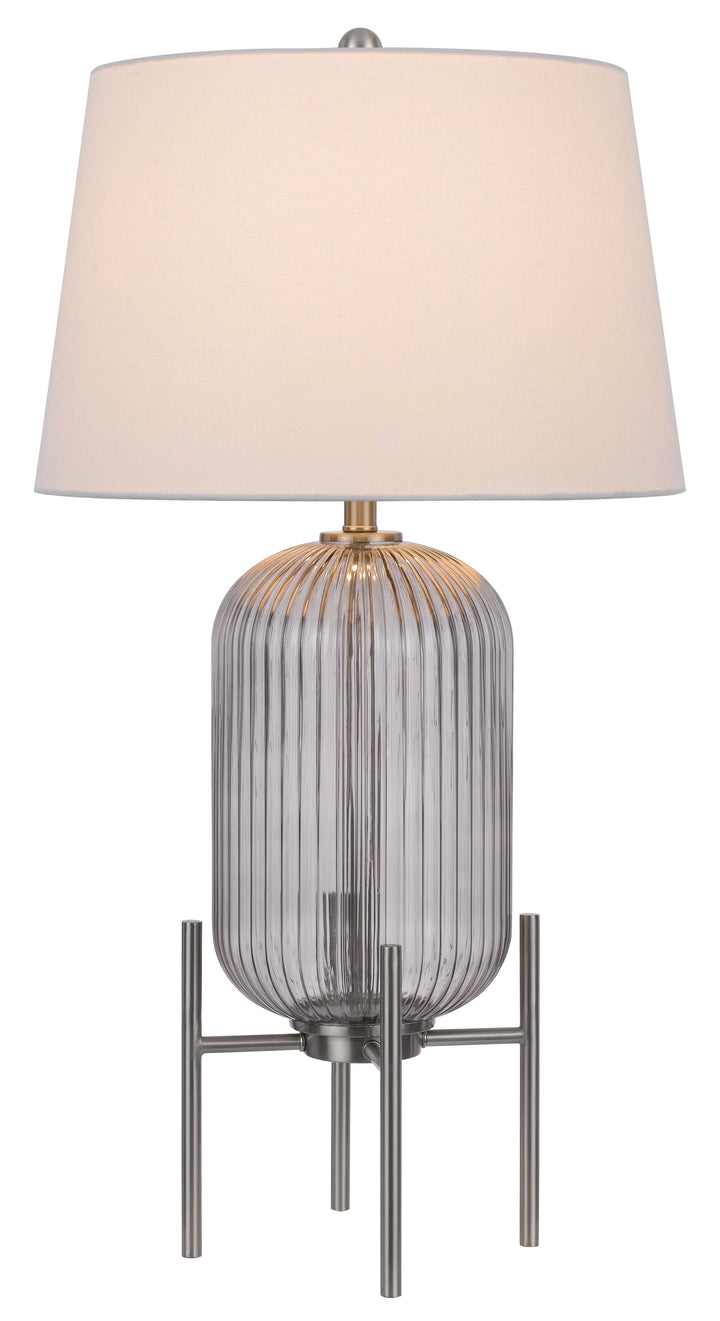 33" Nickel Glass Round Table Lamp With White Empire Shade