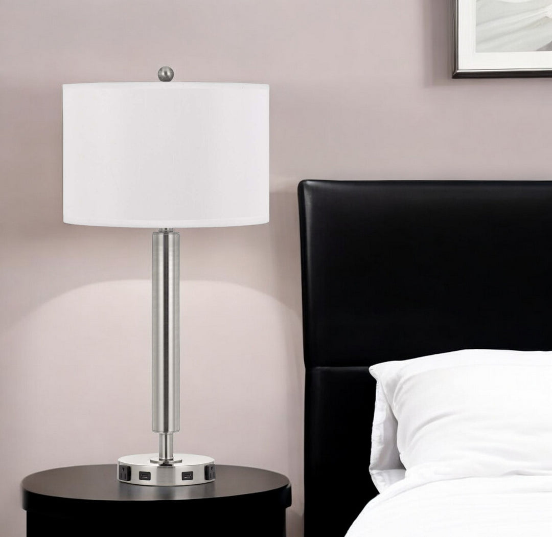 30" Nickel Metal Cylinder USB Table Lamp With White Drum Shade