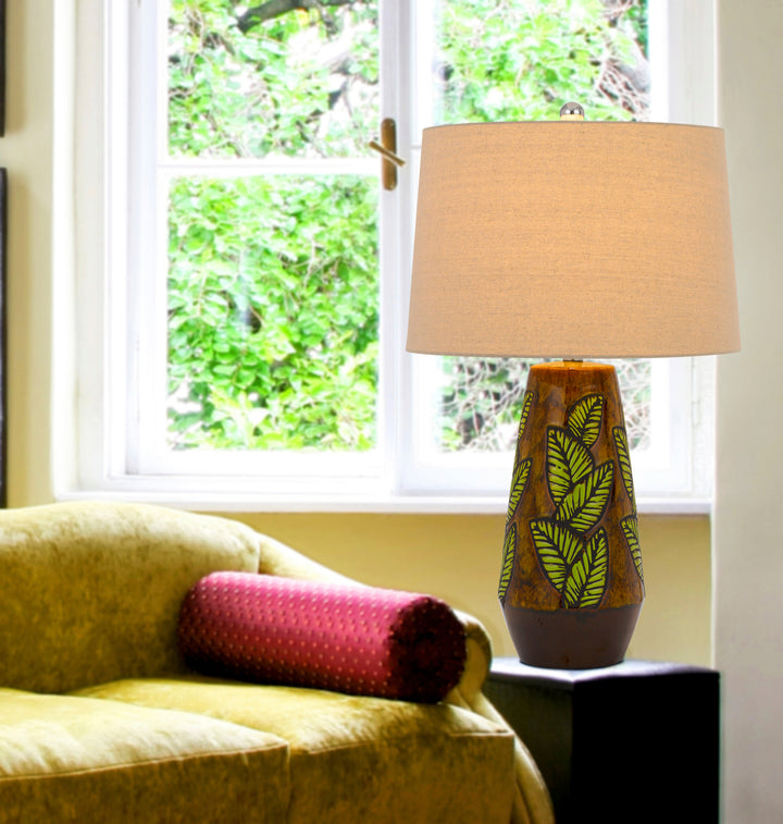 29" Brown Ceramic Cylinder Table Lamp With Tan Empire Shade