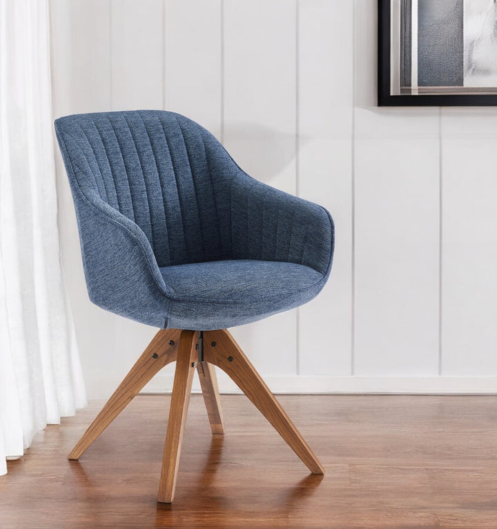 23" Blue Fabric And Natural Swivel Accent Arm Chair