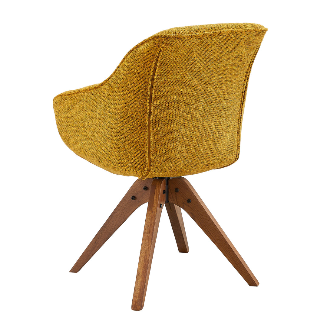 23" Yellow And Natural Fabric And Wood Swivel Arm Chair