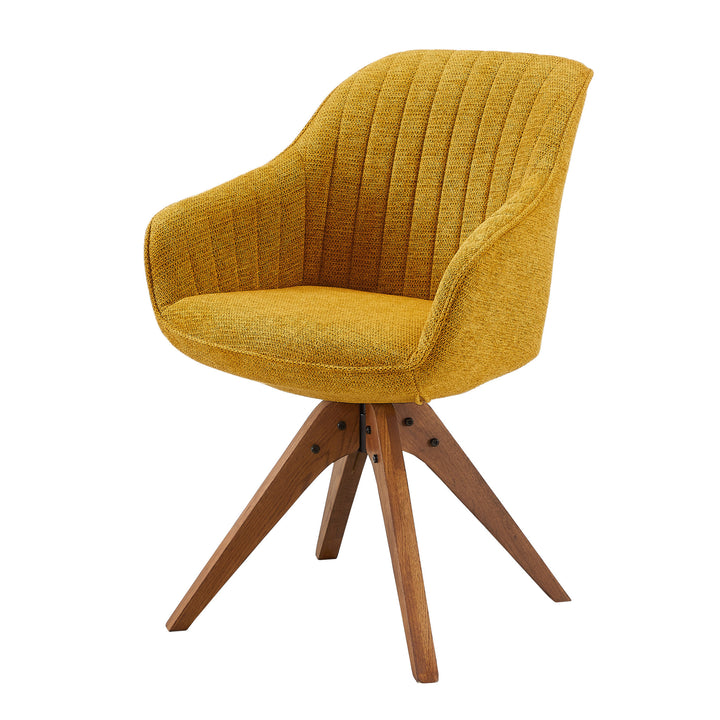 23" Yellow And Natural Fabric And Wood Swivel Arm Chair