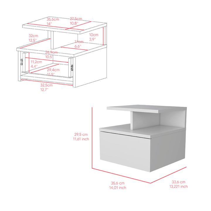 12" White One Drawer Faux Wood Floating Nightstand