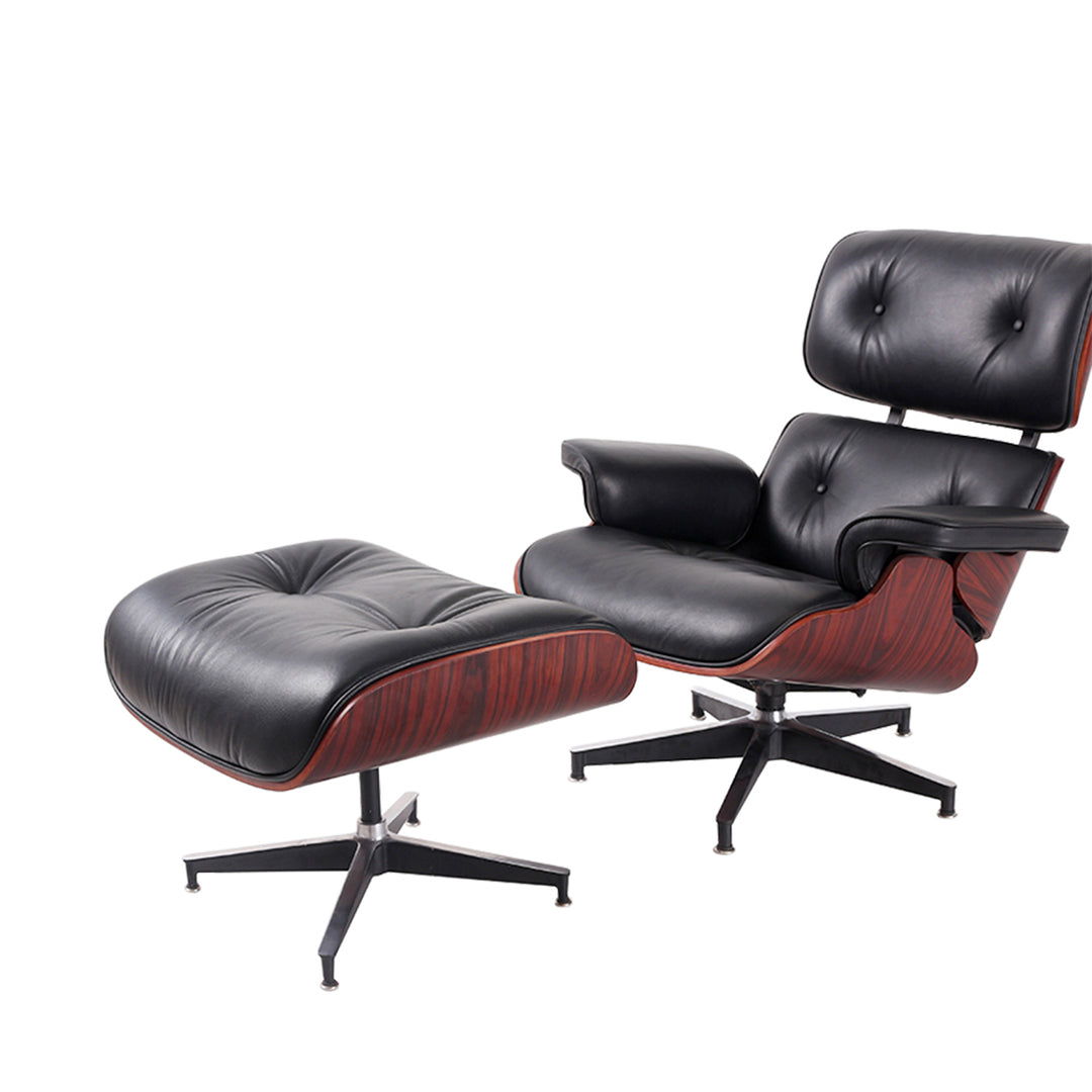 35" Black Tufted Leather And Dark Brown Swivel Lounge Chair with Ottoman