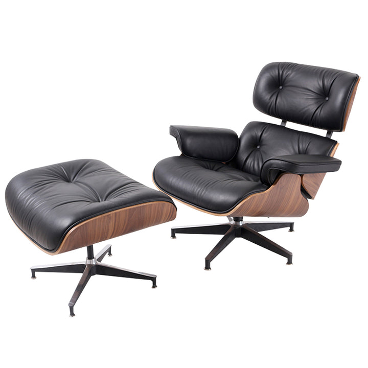 35" Black Tufted Leather And Brown Swivel Lounge Chair with Ottoman