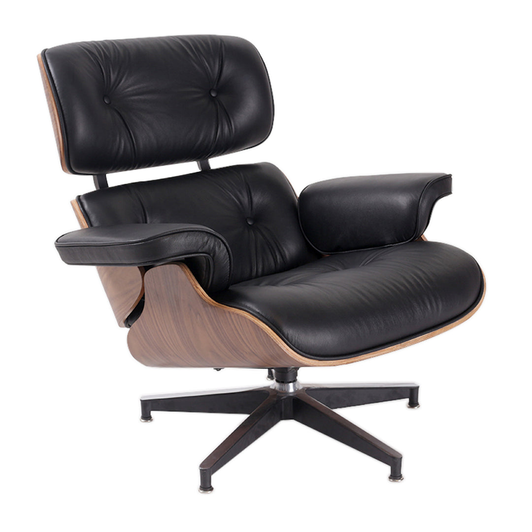 35" Black Tufted Leather And Brown Swivel Lounge Chair with Ottoman