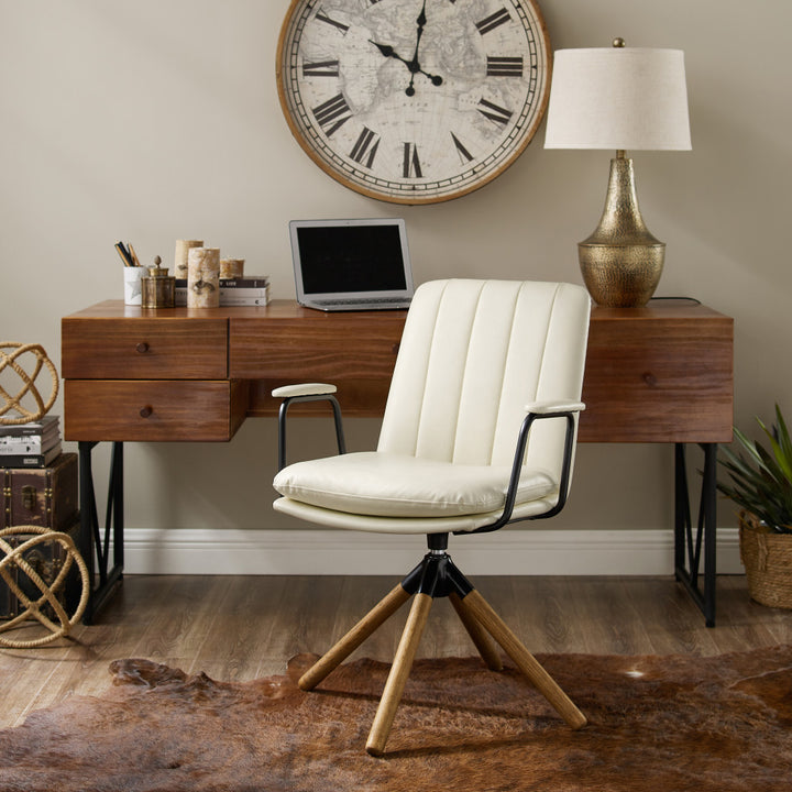 23" Off White Faux Leather And Brown Swivel Arm Chair