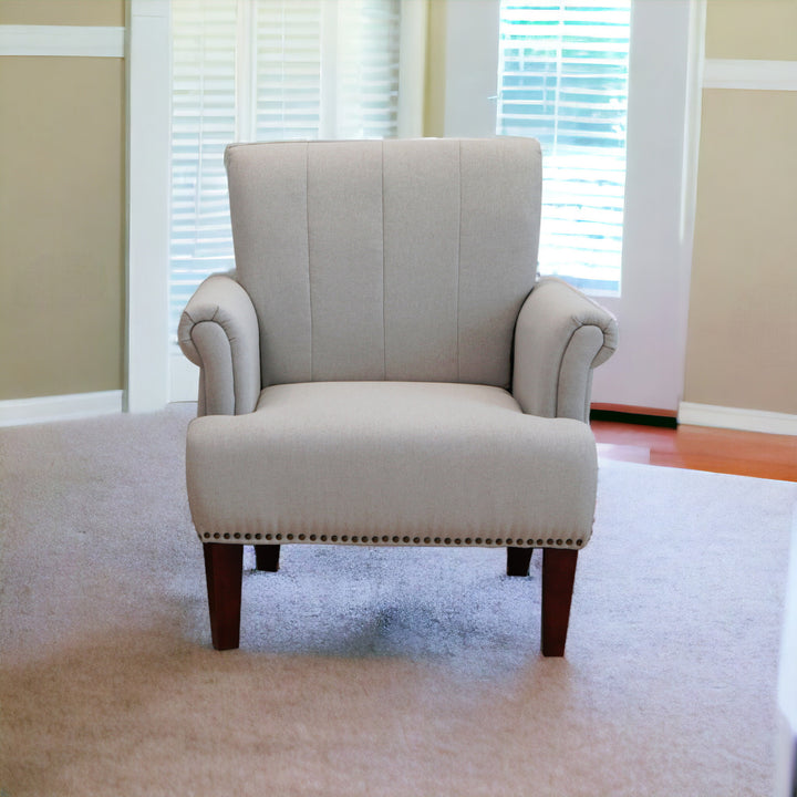 30" Light Gray And Brown Upholstered Arm Chair