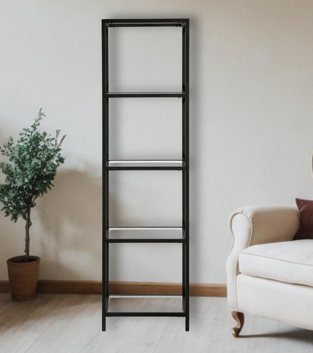 66" Black Metal And Glass Four Tier Etagere Bookcase