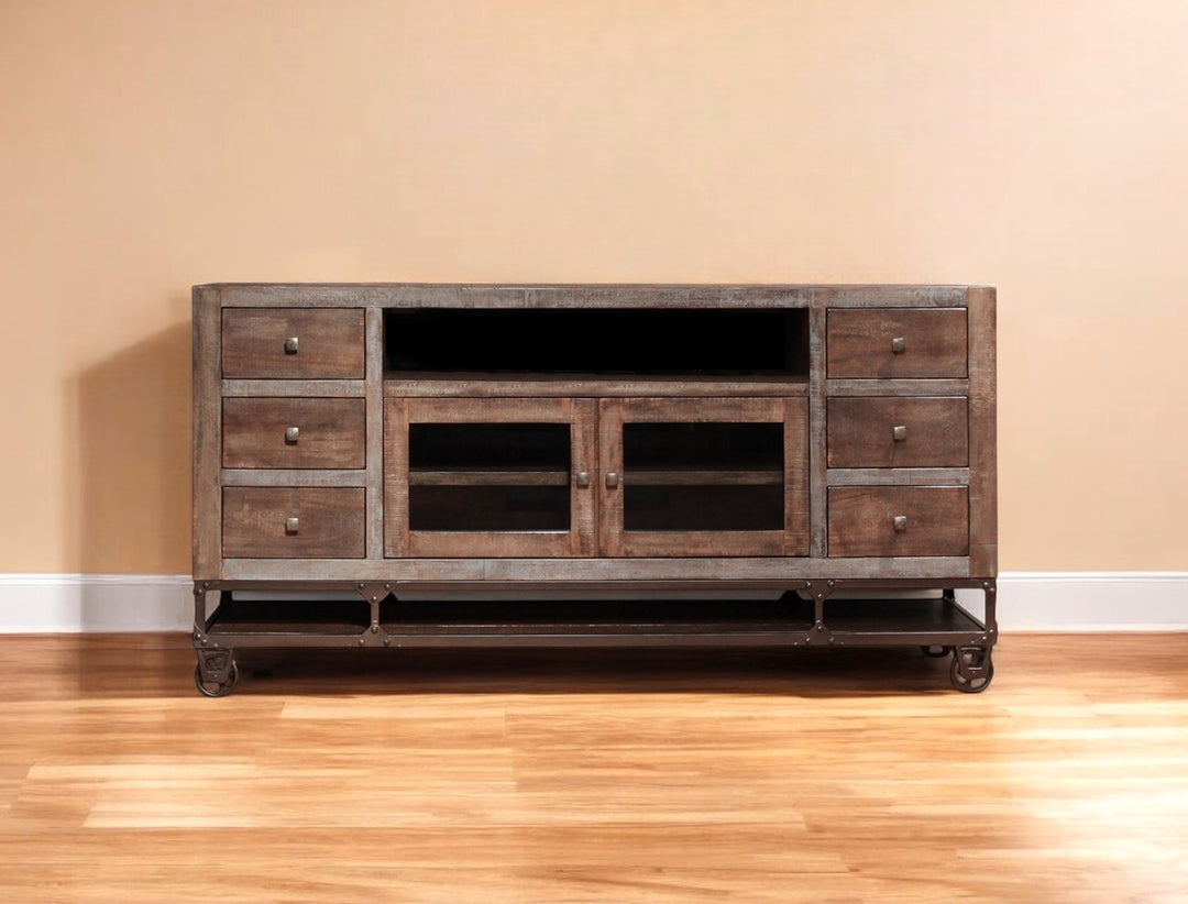 76" Brown Solid Wood Cabinet Enclosed Storage Distressed TV Stand