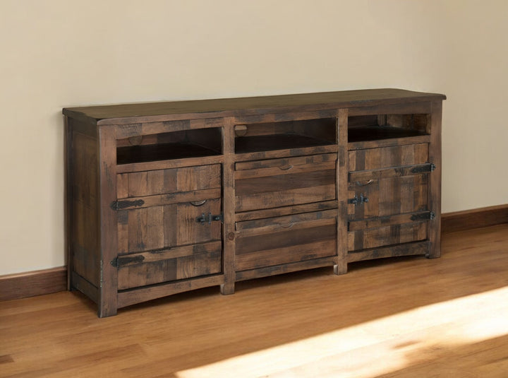 60" Brown Solid Wood Cabinet Enclosed Storage Distressed TV Stand