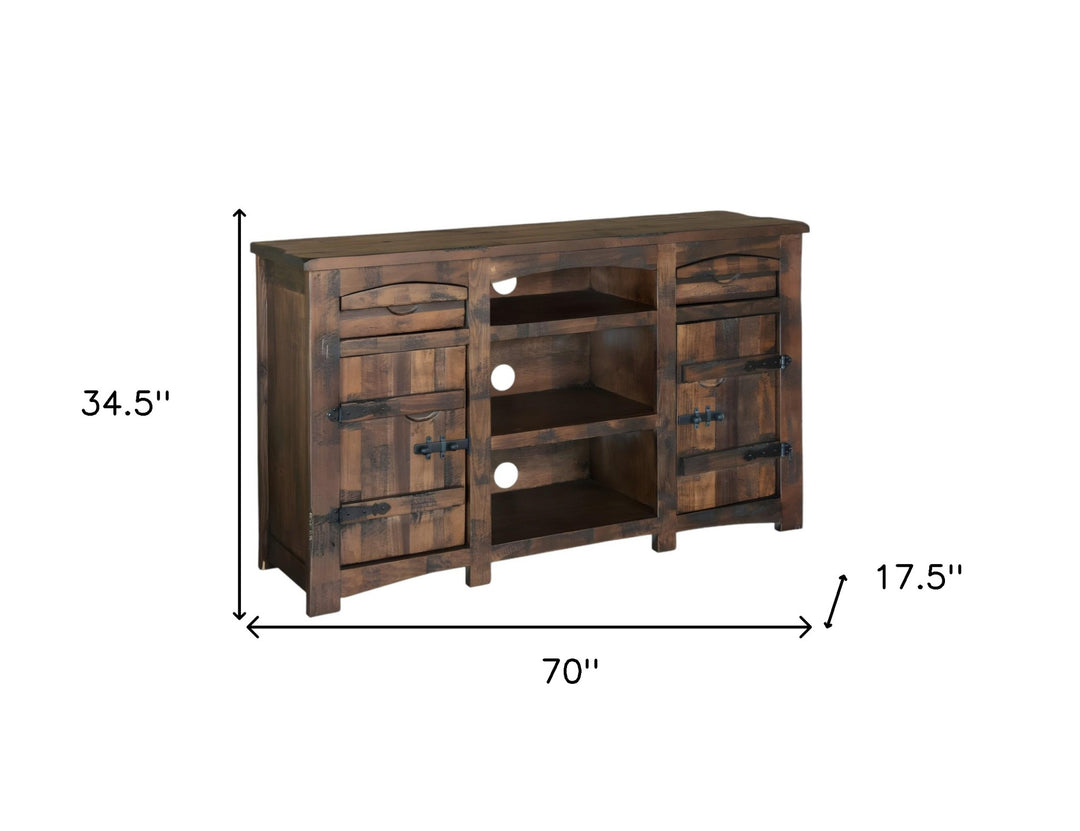 70" Brown Solid Wood Cabinet Enclosed Storage Distressed TV Stand