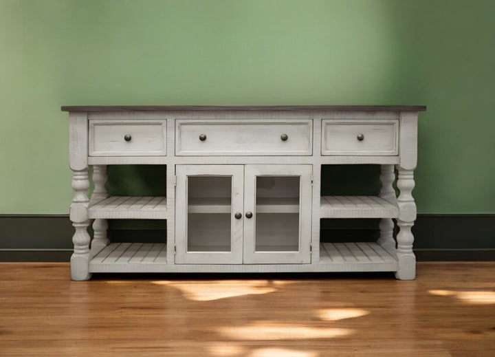 60" Ivory Solid Wood Open shelving Distressed TV Stand