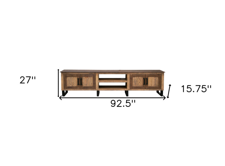 93" Brown Solid Wood Cabinet Enclosed Storage Distressed TV Stand