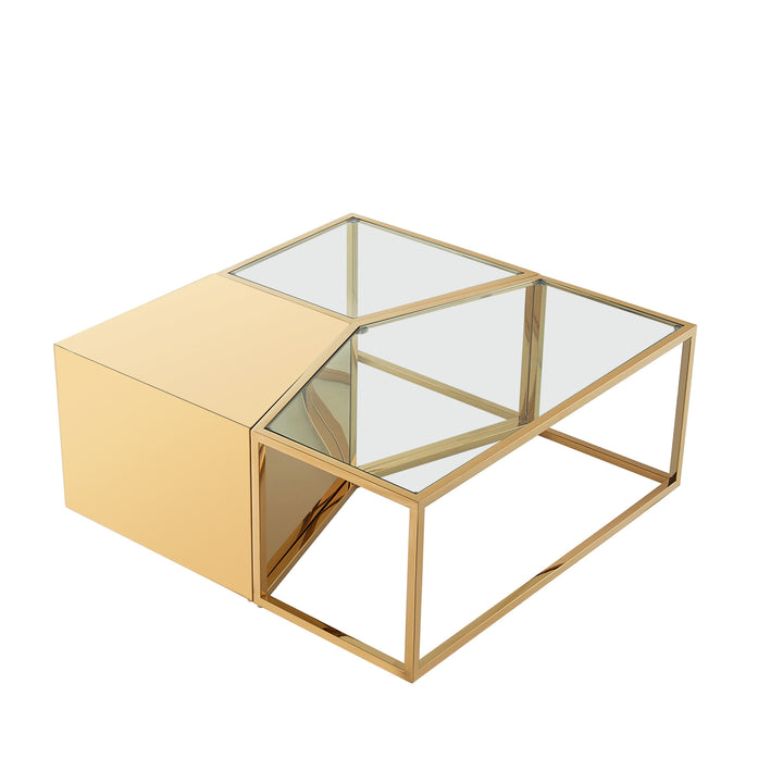 Set of Three 37" Clear And Gold Glass And Stainless Steel Square Mirrored Bunching Coffee Tables