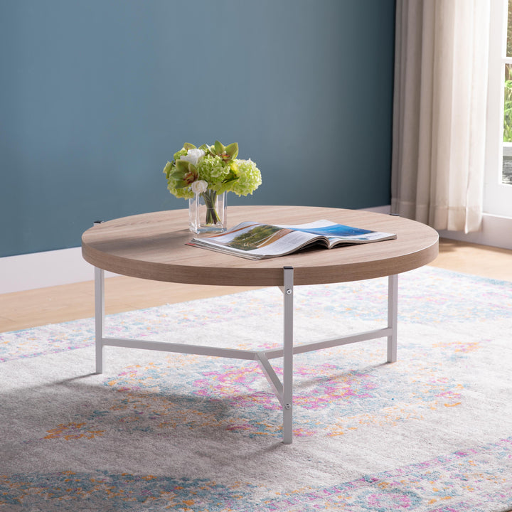 37" Natural And White Metal Round Coffee Table