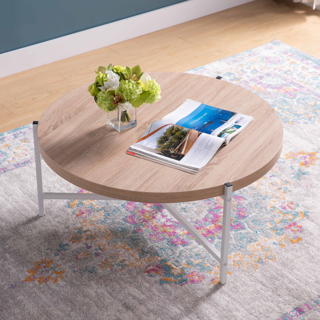 37" Natural And White Metal Round Coffee Table