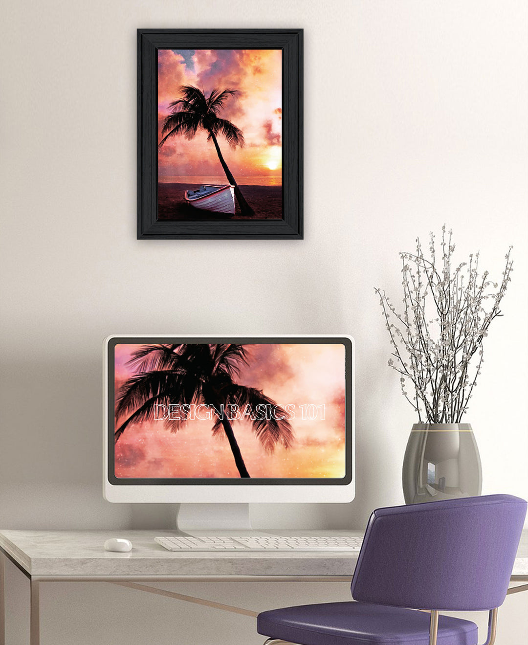 Palm Tree Sunset Black Framed Print Wall Art