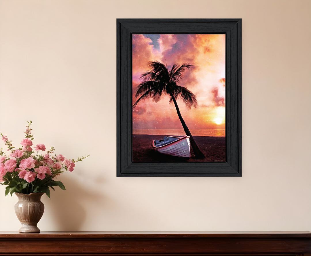 Palm Tree Sunset Black Framed Print Wall Art