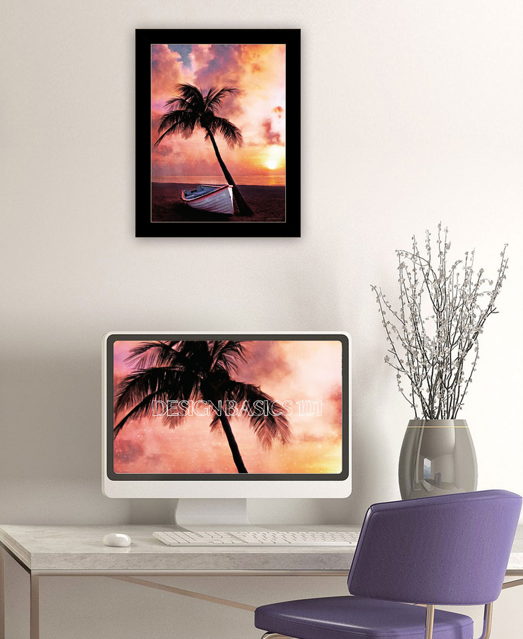 Palm Tree Sunset Black Framed Print Wall Art