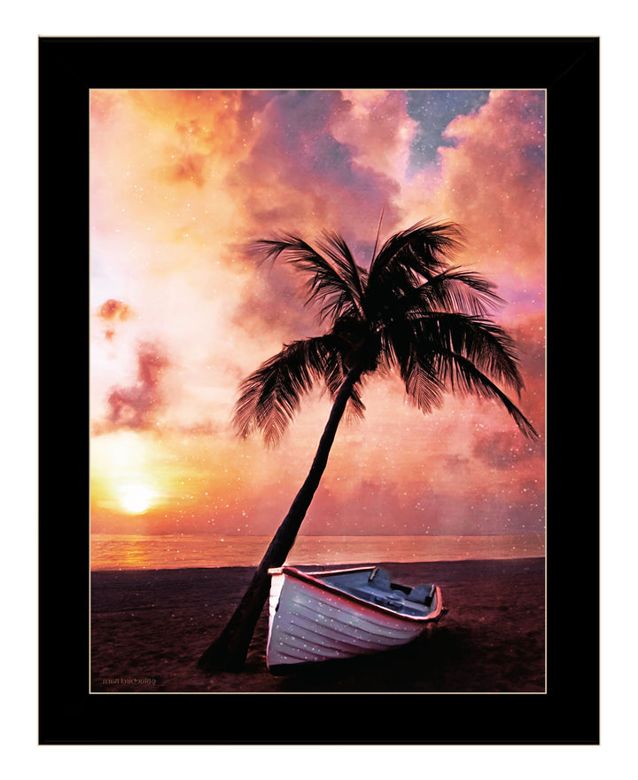 Palm Tree Sunset Black Framed Print Wall Art