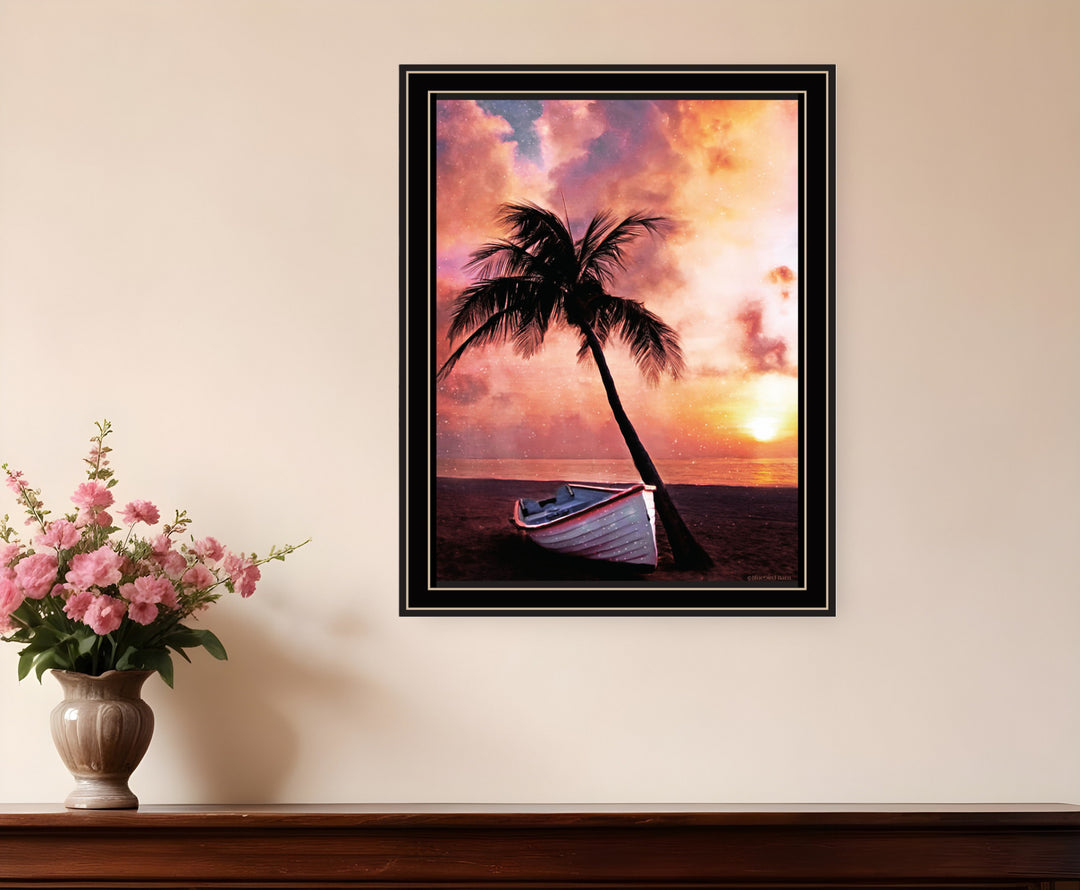 Palm Tree Sunset Black Framed Print Wall Art