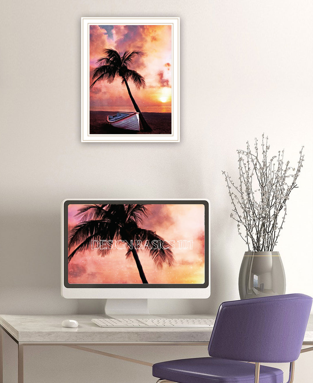 Palm Tree Sunset Black Framed Print Wall Art