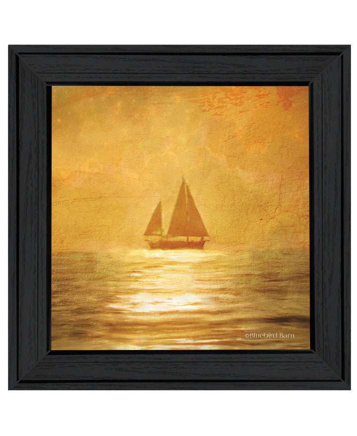 Solo Gold Sunset Sailboat Black Framed Print Wall Art