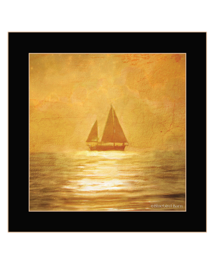 Solo Gold Sunset Sailboat Black Framed Print Wall Art