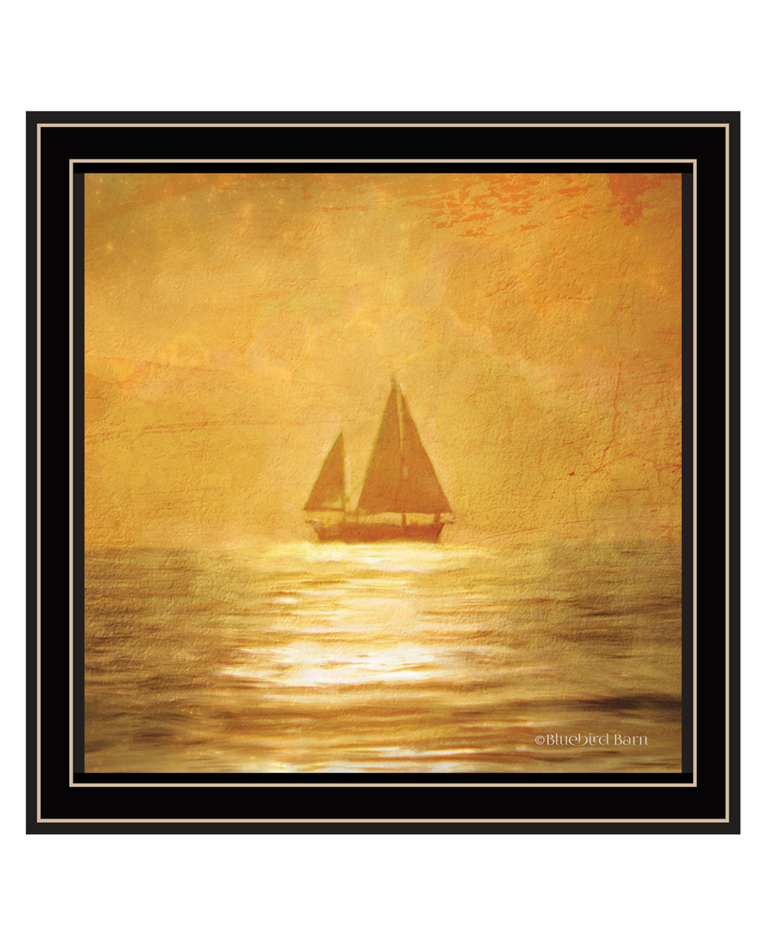 Solo Gold Sunset Sailboat Black Framed Print Wall Art