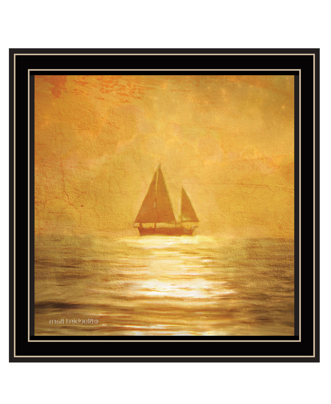 Solo Gold Sunset Sailboat Black Framed Print Wall Art