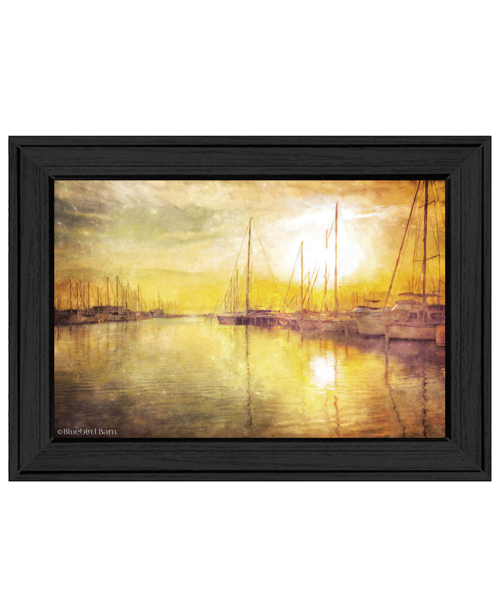 Yellow Sunset Boats In Marina Black Framed Print Wall Art