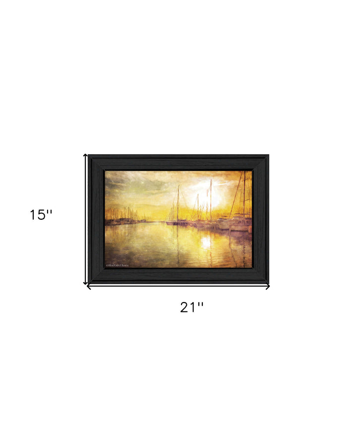 Yellow Sunset Boats In Marina Black Framed Print Wall Art