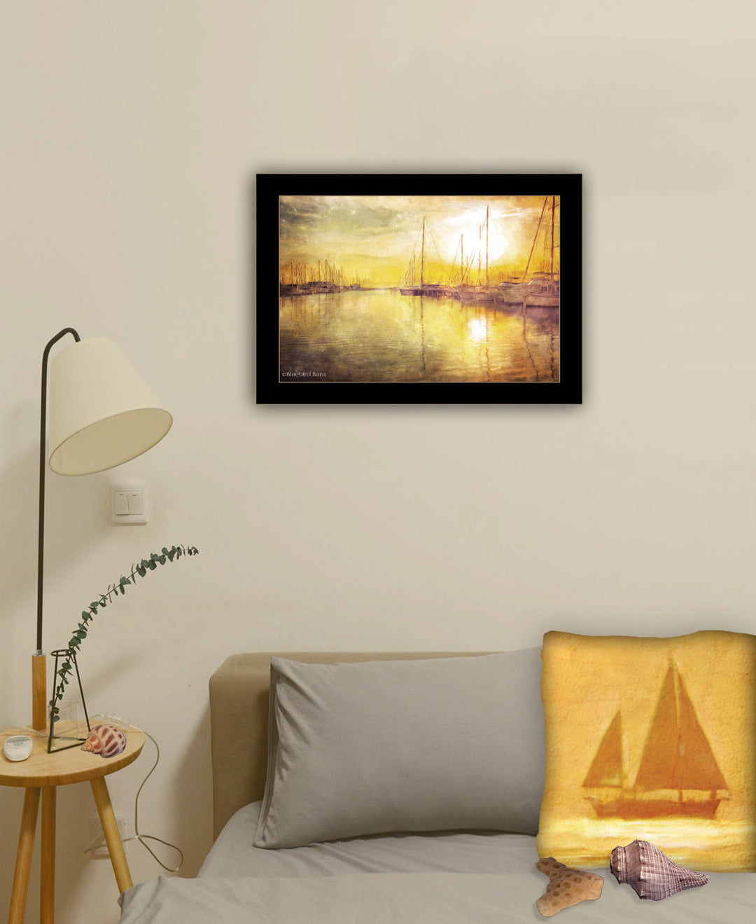 Yellow Sunset Boats In Marina Black Framed Print Wall Art