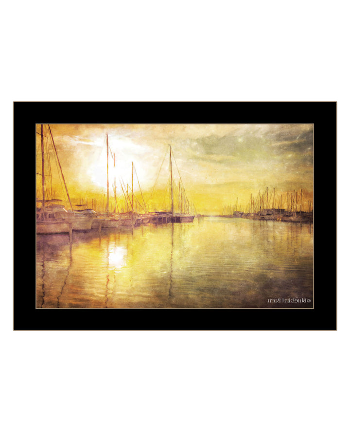 Yellow Sunset Boats In Marina Black Framed Print Wall Art