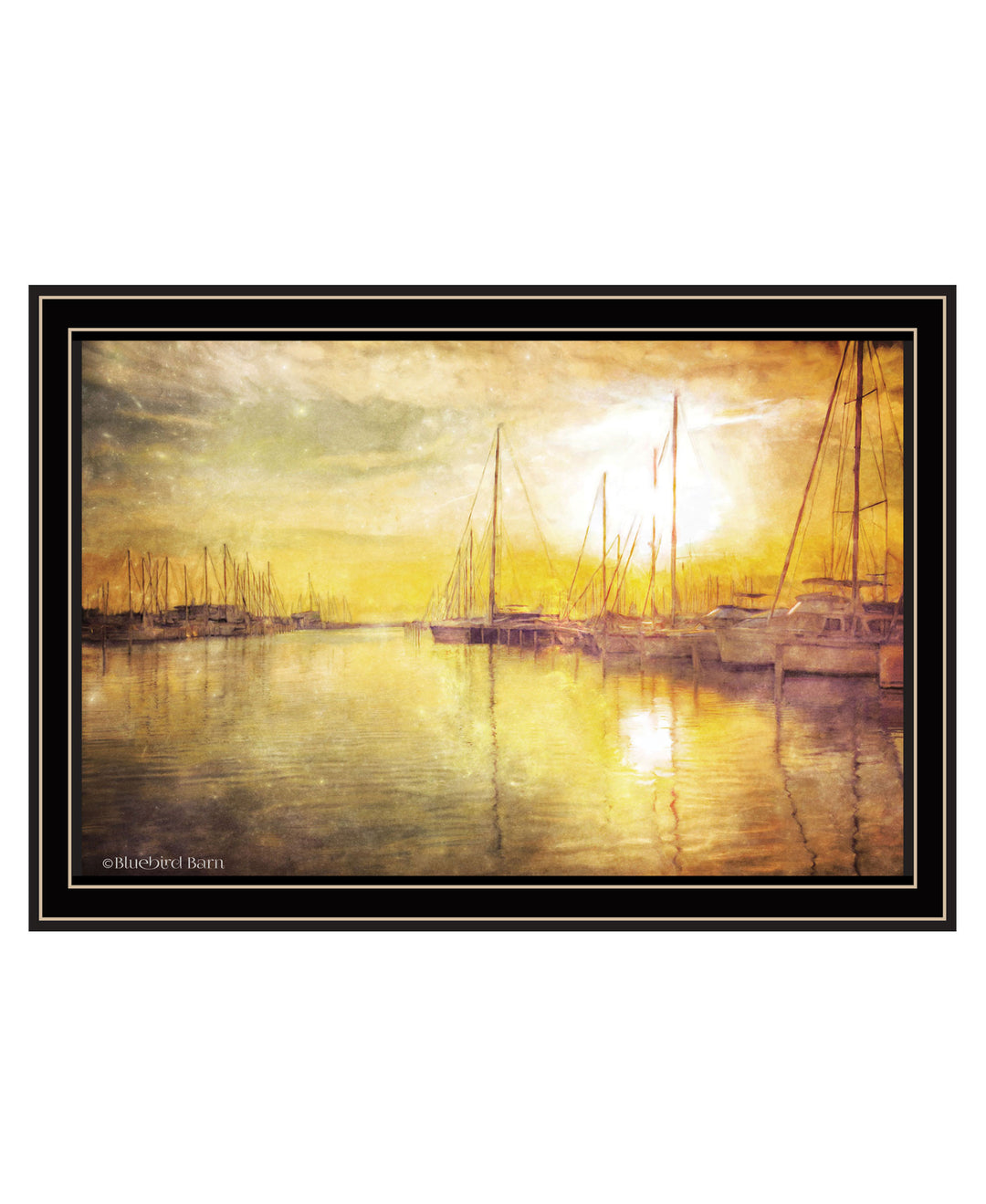 Yellow Sunset Boats In Marina Black Framed Print Wall Art