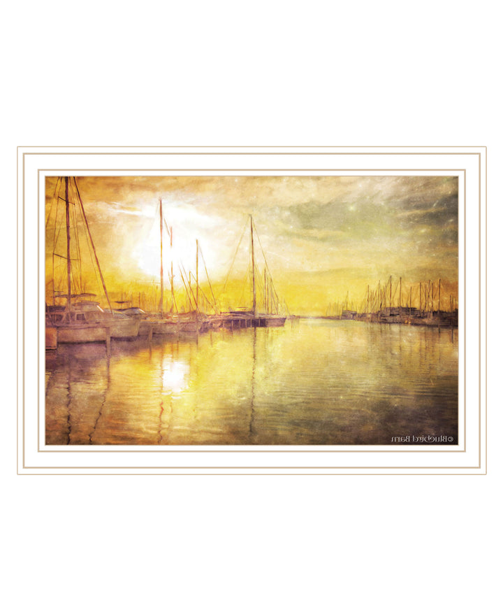 Yellow Sunset Boats In Marina Black Framed Print Wall Art