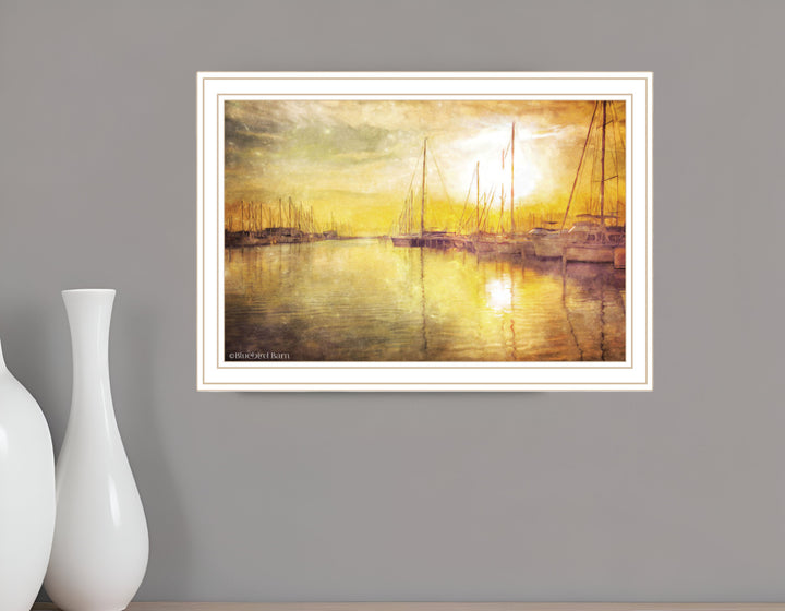 Yellow Sunset Boats In Marina Black Framed Print Wall Art