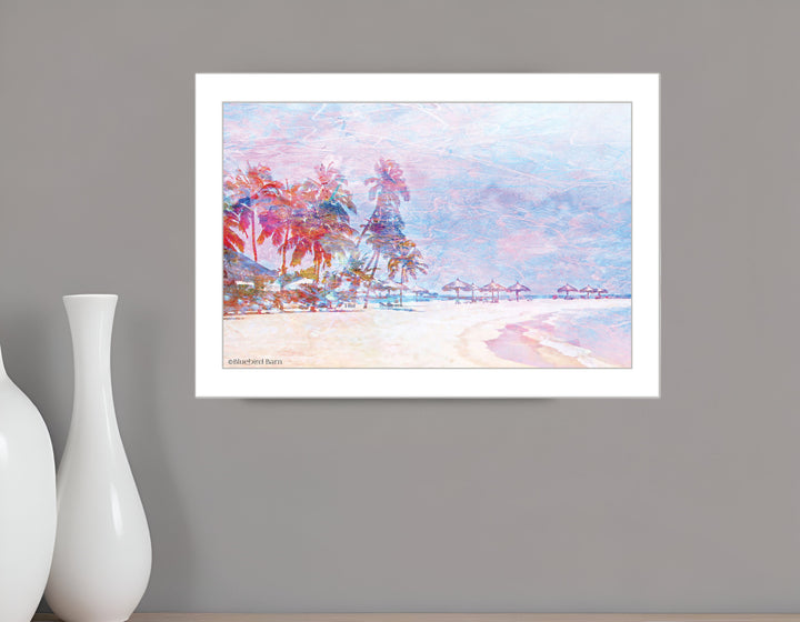 Rainbow Bright Sandy Beach with Umbrellas White Framed Print Wall Art