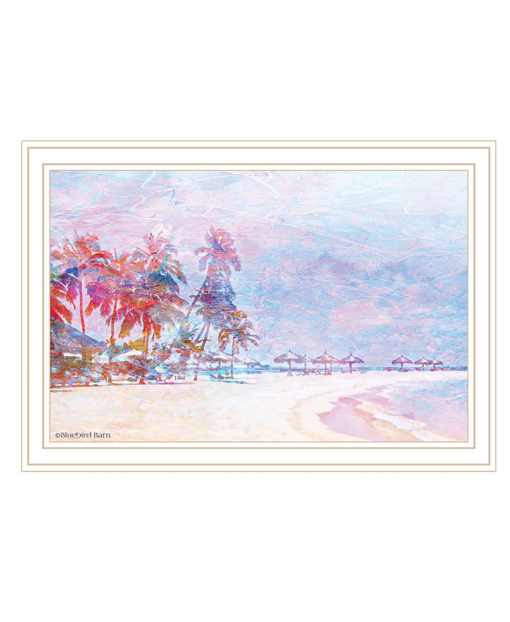 Rainbow Bright Sandy Beach with Umbrellas White Framed Print Wall Art