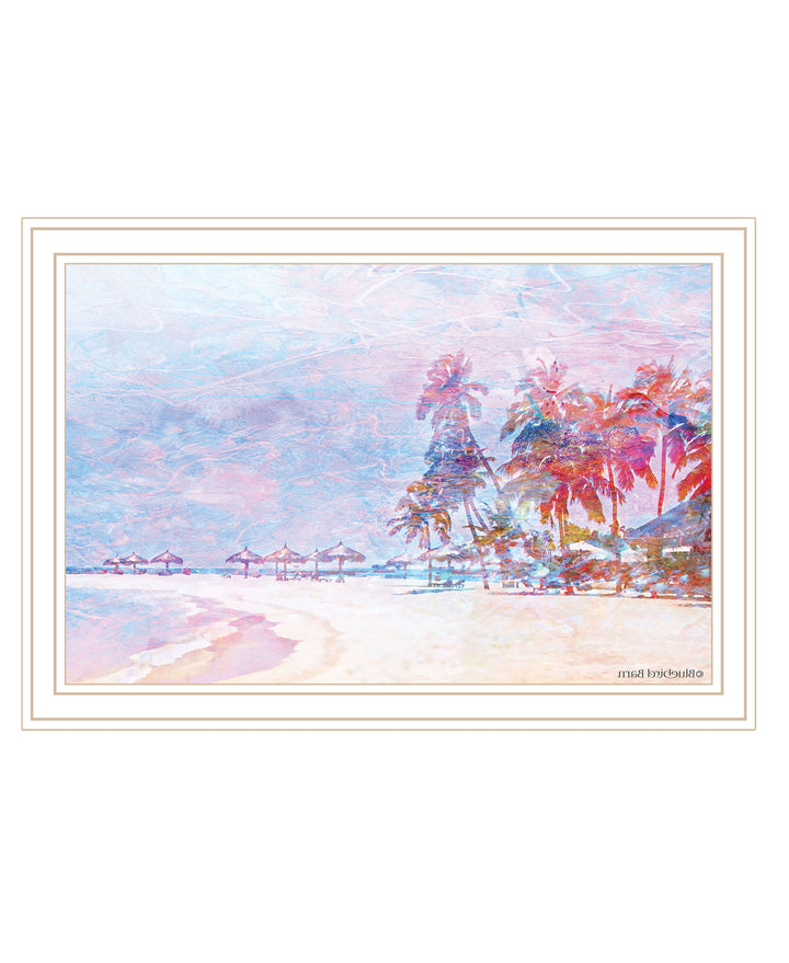 Rainbow Bright Sandy Beach with Umbrellas White Framed Print Wall Art